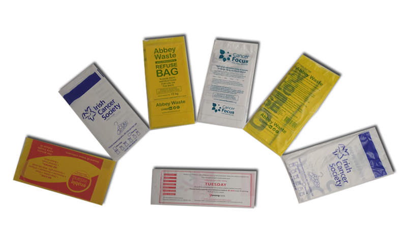 At Vinbags, we design and supply printed charity collection bags in varying weights, sizes and colours. Our printing facilities provide Flexo printing, with up to 8 colours available, and, where required, the details can also be printed on the outer carton.